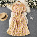 Sweet Floral Dresses Women V Neck Puff Sleeve Print Boho Beach Dress Summer Bohemian Print A-line Midi Dress