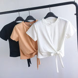Toloer Solid Color T-Shirt Female 2024 Summer Wear Korean Version Of The Strap Careful Machine Exposed Umbilical Students Short Sleeve Shirt Repair