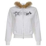 And Winter New Hair Splicing Hoodie Women's Dark And Dark Style Personality Street Star Hot Diamond Zipper Coat