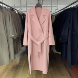 Winter Korean 2020 High End Women Long Side Split 100% Wool Handmade Pink Double Sided Coat Lacing Belt Loose Woolen