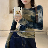 Korean Fashion Tie Dye T-shirts Grunge Sexy Slim Tee Shirts Y2k Aesthetics Streetwear Harajuku Skinny Tops Gothic
