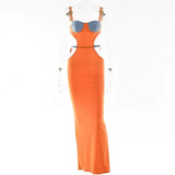 Spaghetti Strap Metal Shell Maxi Dress Women Sexy Sleeveless High Waist Hollow Out Patchwork Side Split Dresses