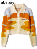 2022 Women Winter Cardigans With Turn-Down Collar Seaside Scenery Print Long Sleeve Knitted Outwear Green Yellow