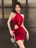 Woman Dress Sleeveless Halter Velvet Patchwork Mesh Hollow Out Slim Stretch Backless Party Dresses Elegant Female-Outfit