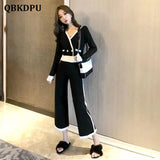 Korean Loose Long Sleeve Sweater Knitwear + Casual High Waist Wide Leg Pants Chic Knitted Suit 2 Piece Set Women