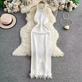 Tweed Dress Solid Color Hanging Neck Hanging Back High Waist Repair Kite Knitted Dress Sexy