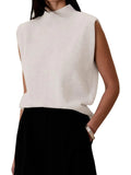 Toloer New Women's Solid Color Half High Neck Sleeveless Vest Fashion Simple Knit Loose-Outfit