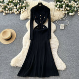 Fragrant High-End Feel Fashionable Doll Collar Long Sleeve Metal Buckle Waist Knitted Dress Women Autumn Slim
