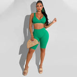 Solid Color Backless Crop Top And Shorts Casual Sports Two Piece