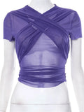 Mesh Sheer See Through Short Sleeve T-shirts Top for Women Summer Y2K O-neck Slim Fit Criss-cross Lace-up Tees Shirts-Outfit