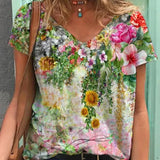 Flower Print T-Shirts Casual 3D Painting Graphic Tops Fashion Short Sleeve Y2K V Neck Female Tees Tshirts Plus Size