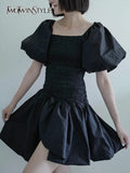 Black Mini Dress For Women Square Collar Short Sleeve High Waist Casual Solid Dresses Female Fashion Clothing