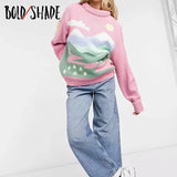 Bold Shade Skater Girl Style Y2K Sweaters Pastel Aesthetic Knitting Graphic Printing Loose Pullover Sweater Indie Women