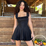 Toloer Women's Summer Hot Style Black Sexy Long Skirt Wood Ear Square Collar Hot Girl Show Thin Sling A Word Dress-Outfit