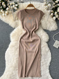 Women Korean Style Knitted Dress 2022 Summer O Neck Solid Short Sleeves Slim Ladies Sexy A Line Long
