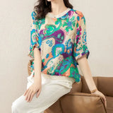 Women's Fashion Casual Temperament Street Thin Chiffon Half Sleeve Shirt Retro Printed Bat Sleeve Loose Comfortable Top-Outfit