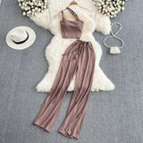 Toloer Suit Women's Wide Leg Pants Women's High Waist Down Loose Straight Leg Casual Pants Two Polyester Diagonal Collar Average Size Vest