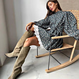 Toloer 2023 Women's French Elegant Bubble Sleeve Floral Dress Women's Standing Collar Waist Long Sleeve A-Line Skirt-Outfit