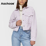 Aachoae Women Vintage Houndstooth Printed Cropped Coats Turn Down Collar Long Sleeve Jacket Coats Female Chic Casual