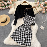 Winter Fashion Korean Set Women Long Sleeve Short Knit Cardigan+Sleeveless Plaid Strap Dresses Two Piece