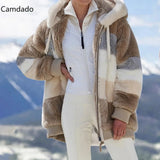 Winter Hooded Jacket Women 5X Plus Size Cotton jacket fashion Plush patchwork zipper pocket loose Long Sleeve Women Top