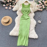Knit Sexy Strap Dress Women Tank Elatic Waist Bodycon Sundress Female Beach Split Backless Long