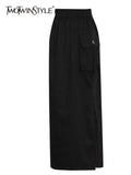 Black Patchwork Pocket Skirt For Women High Waist Drawstring Midi Casual Skirts Female Fashion New Clothing