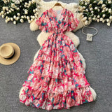 Vintage Gentle Windy Fragmented Flower Dress Summer New High Waist Thin Spinning