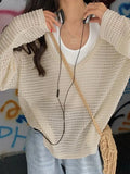 Cutout V Neck Loose Long Sleeve Knit-Outfit