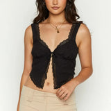 Women Y2K Fairy Low-Cut Sling Floral/Dot Lace-Trimmed Tie-Up Cardigan Short Tops Spaghetti Strap Sleeveless Cami Tops-Outfit