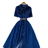 Version Of Fashion Casual Denim Dress Women Retro Collar Short Sleeve Single Buckle Waist Swing Shirt Long