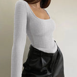 Toloer Women's Sexy Slim U Collar Pit Long-Sleeved T-Shirt Autumn Hot Style Simple Versatile Top-Outfit