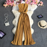 New Summer Fashion turn down collar sleeveless off shoulder Jumpsuit high waist lace up casual wide leg pleated