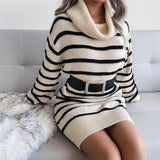 Autumn Knitted Striped Turtleneck Women Sweater Dress Black Long Sleeve Basic Dress Women Winter Fashion Casual