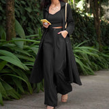 Toloer Spot Hot Style Autumn Women Fashion Medium Long Shirt Strap Straight Leg Wide Leg Pants Three-Piece Suit-Outfit
