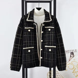 Winter Elegant Plaid Mink Fleece Coat Women Korean Lapel Pearl Button Sweater Cardigan Casual Cashmere Knitted Jacket