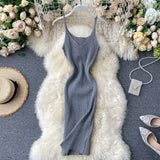 Summer Knitting Dress Women Solid Color Casual Body-con Dress Pullovers Simple Step