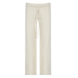 Toloer Style Design Sense Turned Waist Solid Color Knit Pants Women's Low Waist White Loose Straight Tube Casual Pants-Outfit