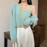 Toloer Dress 2024 New Women's Suit Bump Color Plaid Knit Cardigan Top Hot Girl Pure Desire Wind Sling Two-Piece Set-Outfit