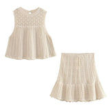 Mesh Knitted Blouse Mesh Jacquard Mini Skirt Set-Outfit