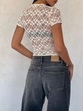 Women's Vintage Y2K Sheer Floral Lace See-through Tops Short Sleeve Crew Neck Slim Fit Cropped T-Shirts Summer Tee-Outfit