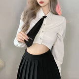 Toloer Autumn 2023 New Women's Solid Color Slim Collar Fashion Tie Crop Long Sleeve T-Shirt-Outfit