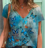 Flower Print T-Shirts Casual 3D Painting Graphic Tops Fashion Short Sleeve Y2K V Neck Female Tees Tshirts Plus Size
