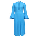 Elegant Round Collar Horn Long-Sleeved Dress Party Hundred Folds Dress Dress