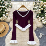 Striped Knitted Shirt Autumn Lotus Side Hem Horn Sleeves Slimmed Out Of The Bottom