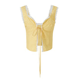 Women Y2K Fairy Low-Cut Sling Floral/Dot Lace-Trimmed Tie-Up Cardigan Short Tops Spaghetti Strap Sleeveless Cami Tops-Outfit