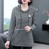 Women's Autumn Winter New Long Sleeve Sweatshirts Hooded Round Neck Pullovers Casual Medium Length Fashion Loose Striped Tops-Outfit