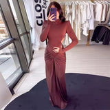 New Women's Long-Sleeved Folded Splicing Thin Dress Dress