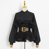 Toloer All-Match Shirt Female Spring 2024 New Standing Collar Long Sleeve Pleated Flounces Careful Machine Lace Top-Outfit