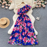 Irregular Ruffled Floral Print Dress Sashes Women Summer 2022 Vacation Slim Fashion Sexy Ladies A Line Long